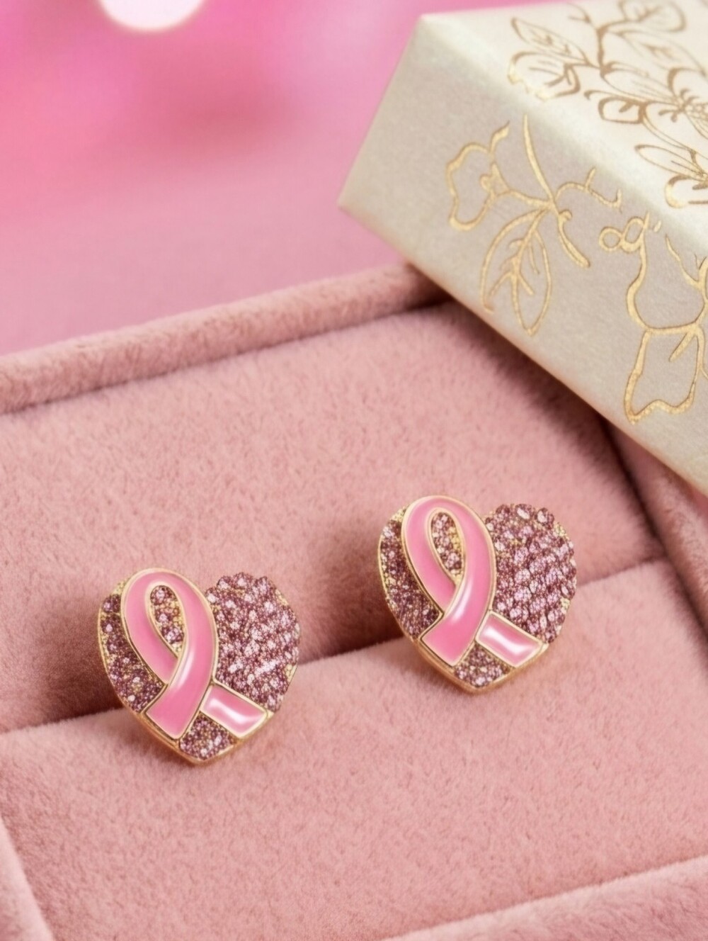 Breast Cancer Awareness Pink Heart Ribbon Earrings
